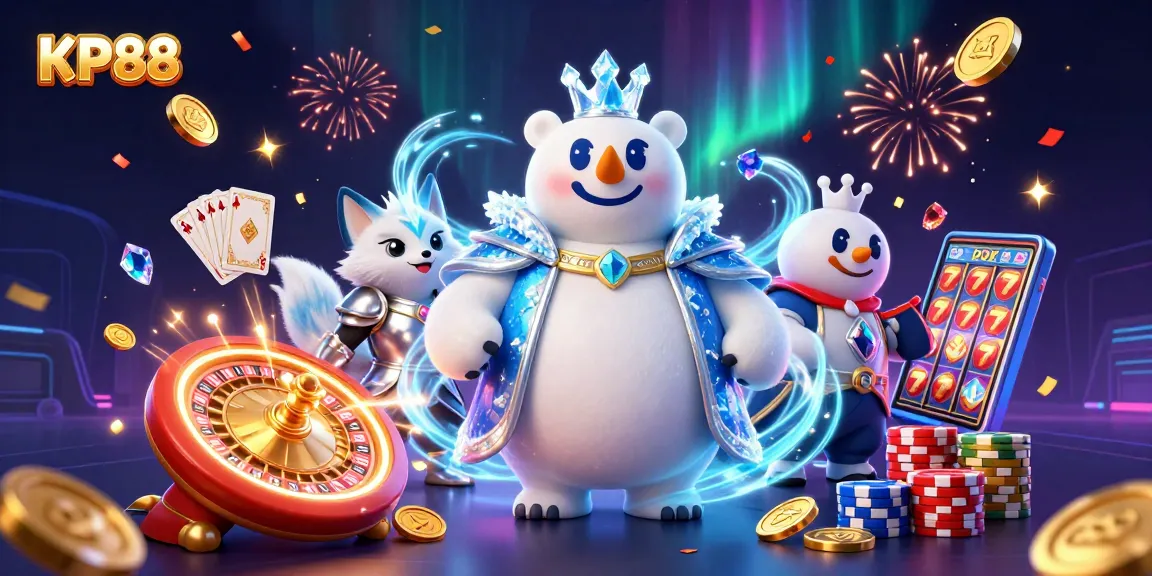Play thrilling games at KP88, showcasing a lavish casino scene with a vibrant energy.