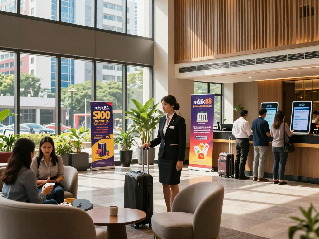 rokok88 slot promotional banners in a vibrant hotel lobby atmosphere