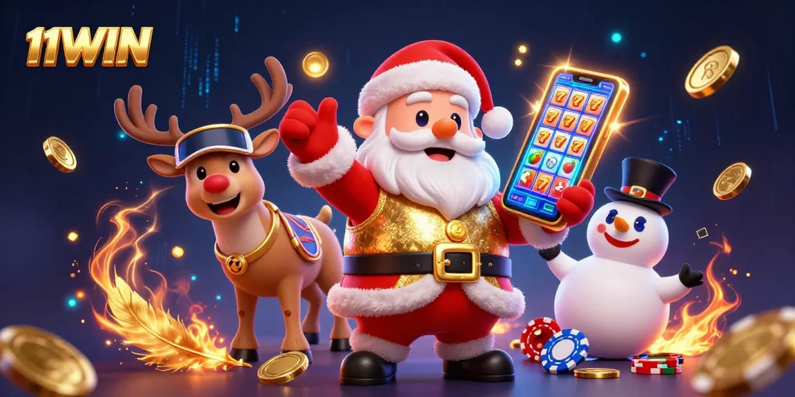 Win big with 11WIN in this vibrant 3D casino scene featuring festive characters and slot games.