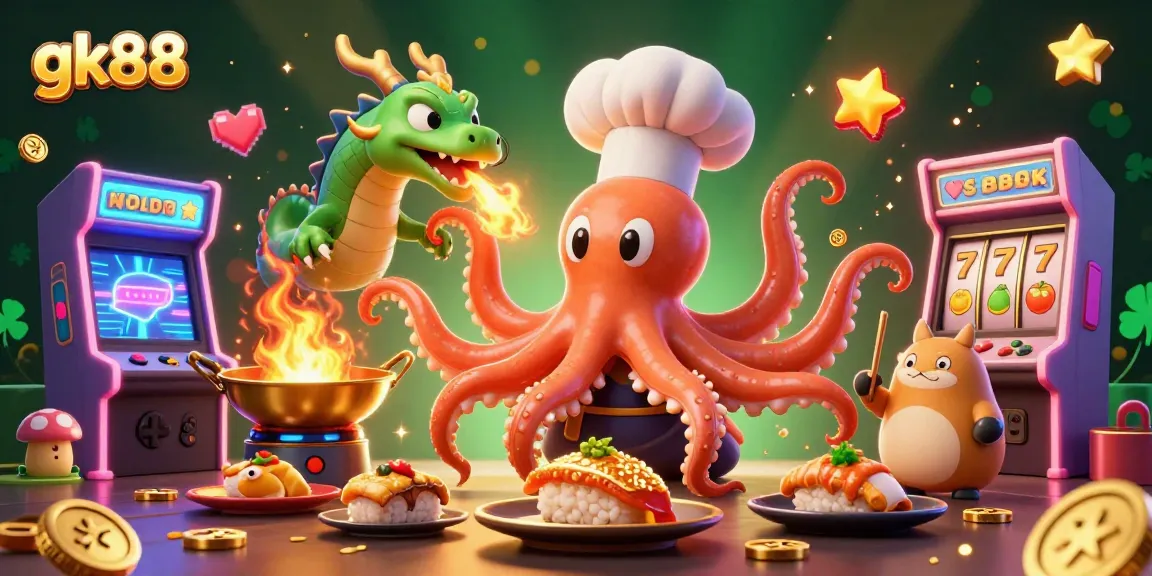 Experience gaming excitement with GK88's dynamic casino illustration showcasing a colorful, cartoon gambling adventure.