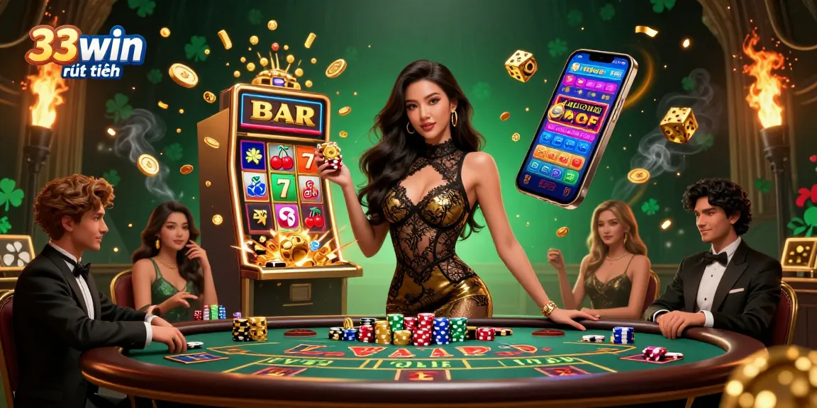 Engage in thrilling gameplay with 33win rút tiền at an exclusive VIP baccarat table, featuring glamorous casino elements.
