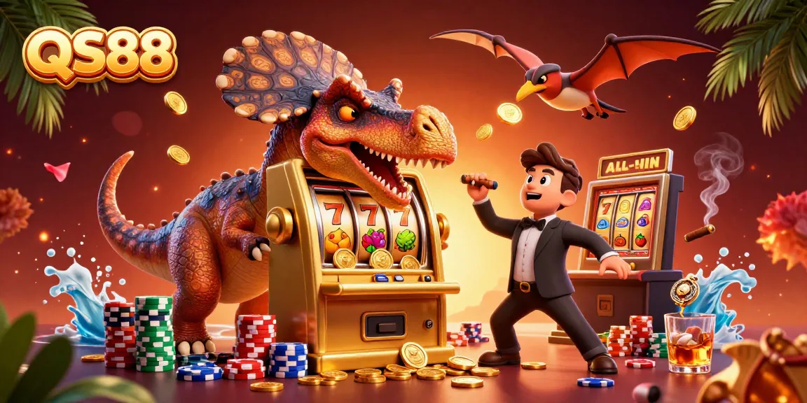 QS88 showcases thrilling jackpot excitement with vibrant casino action from a cartoon scene.