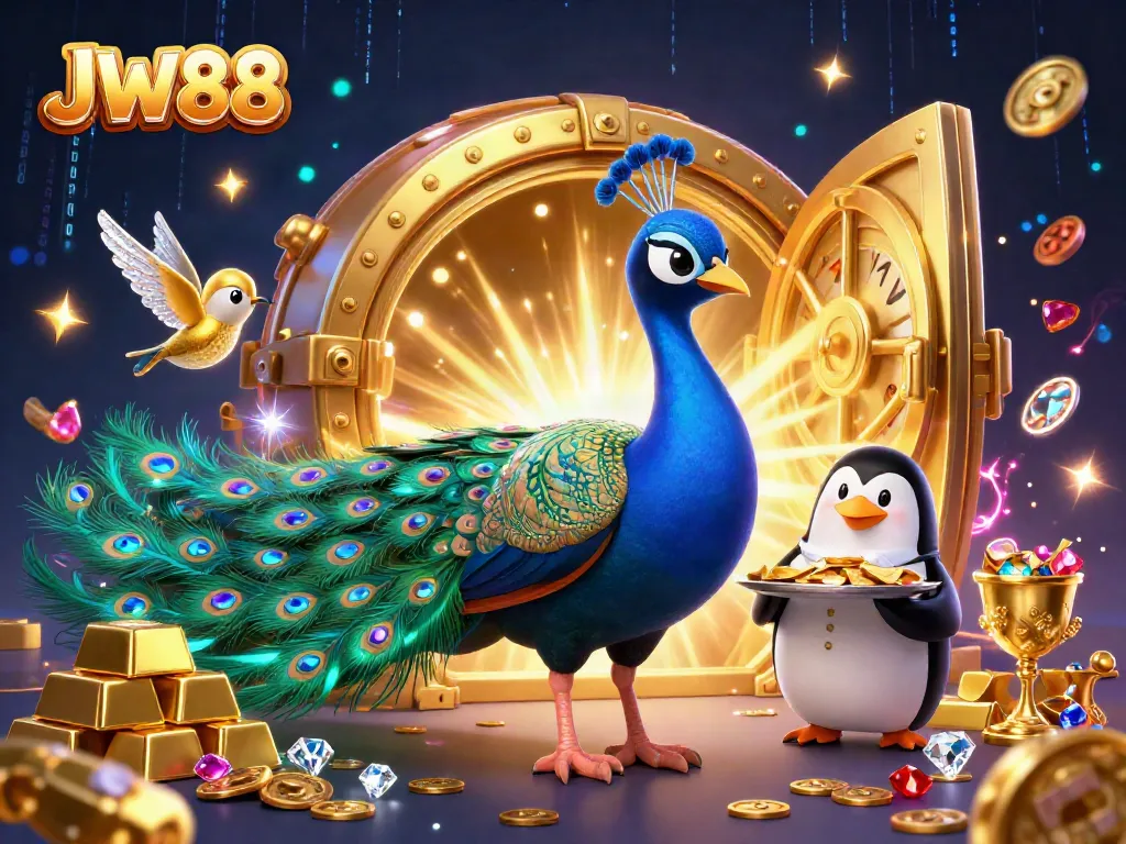 JW88 players engage with vibrant casino gameplay amid golden riches and festive characters.
