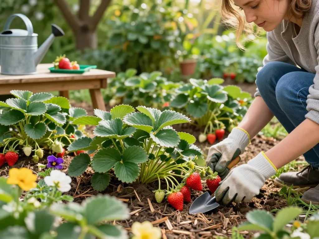 Dedicated gardener inspecting aardbeienplanten kopen with fresh berries under sunlight in a lush home garden.