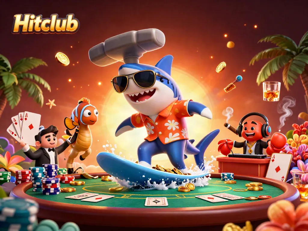 Hitclub showcases a fun 3D scene with a shark surfing gold coins while engaging in poker.