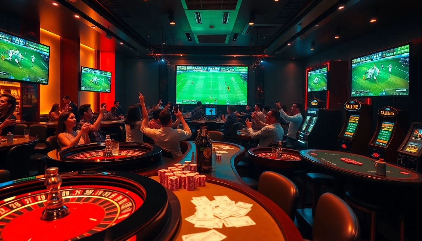 Socolive trực tiếp bóng đá in a vibrant sports bar setting, showcasing live betting excitement and luxury.