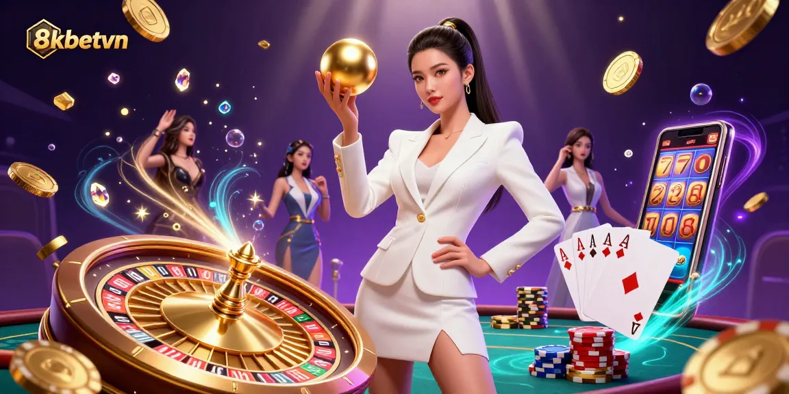 Play exciting games at 8kbetvn with vibrant casino elements and a striking roulette scene.