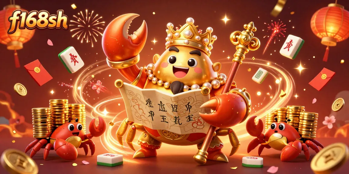 Experience thrilling wins at f168sh with a vibrant 3D casino scene featuring a golden crab and treasures.