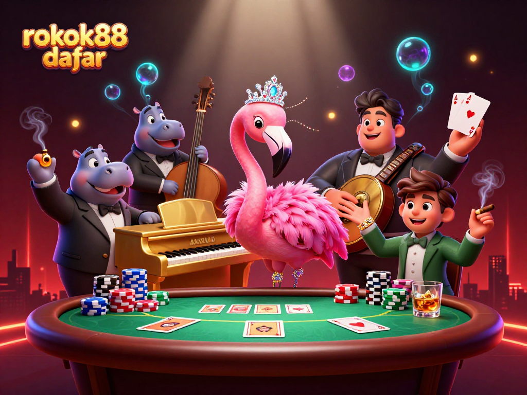 Experience the excitement of rokok88 daftar with a vibrant casino scene featuring colorful poker elements and dynamic characters.