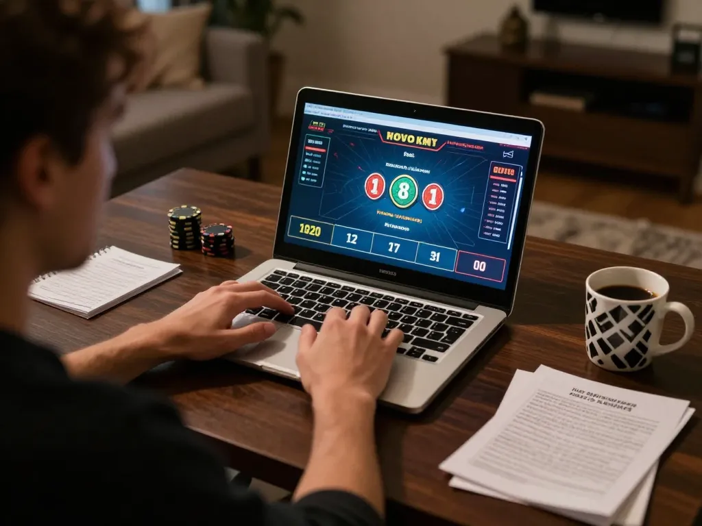 Uk88 player engaging in online poker gaming from a cozy home setup, showcasing strategic gameplay.