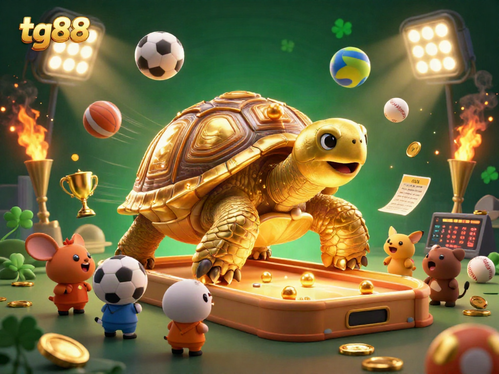 Exciting tg88 online casino action with a golden tortoise pinball machine surrounded by sports elements.