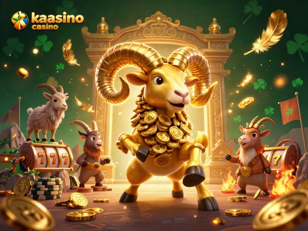 Kaasino casino brings excitement with a golden ram charging through a vibrant gaming scene full of slots and casino elements.