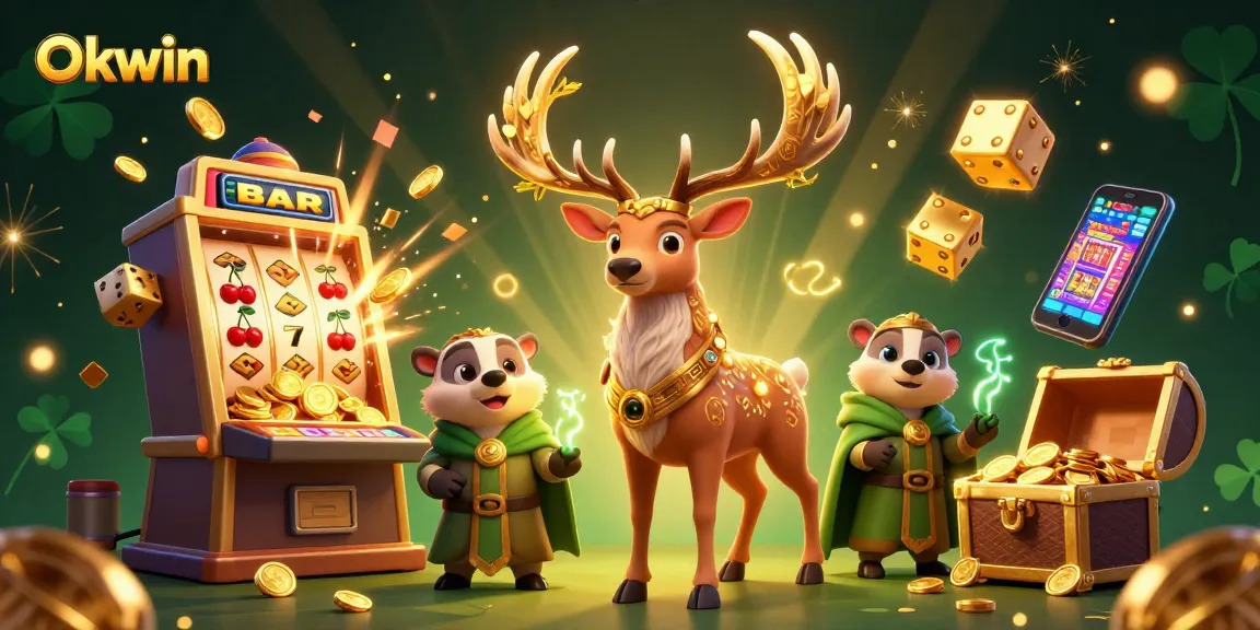 Win big with Okwin as a 3D druid stag and badger enjoy a jackpot explosion in a vibrant casino scene.