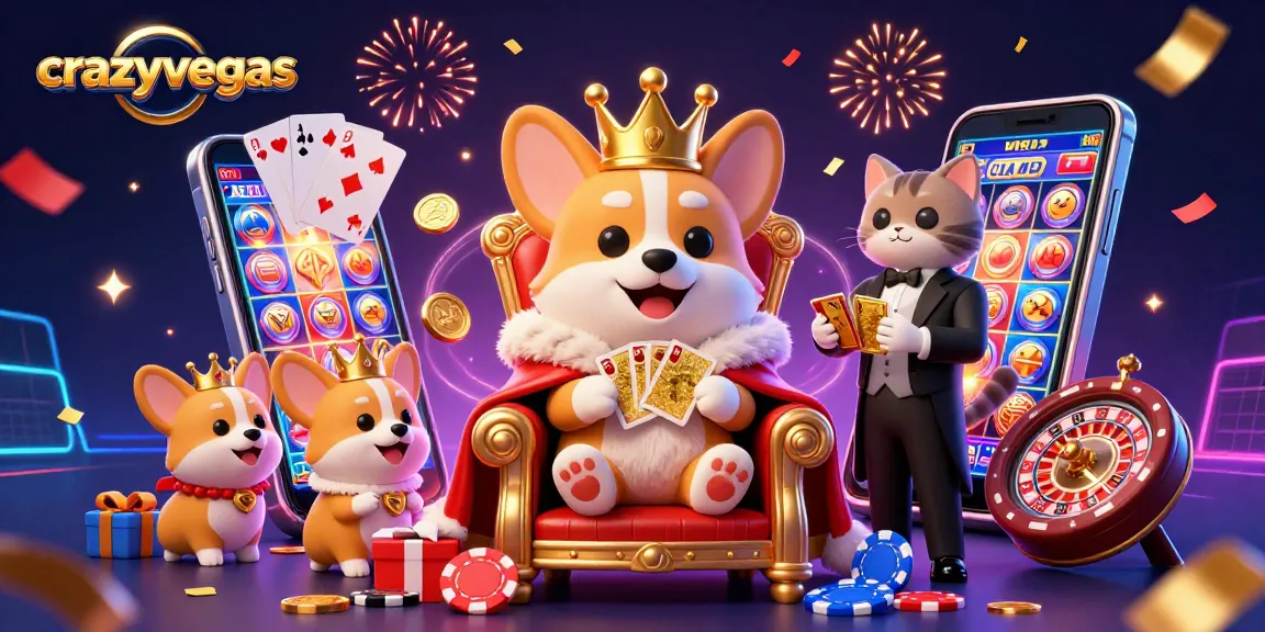 Spin to win with crazyvegas in this vibrant illustration featuring royal corgis and dynamic gaming elements.