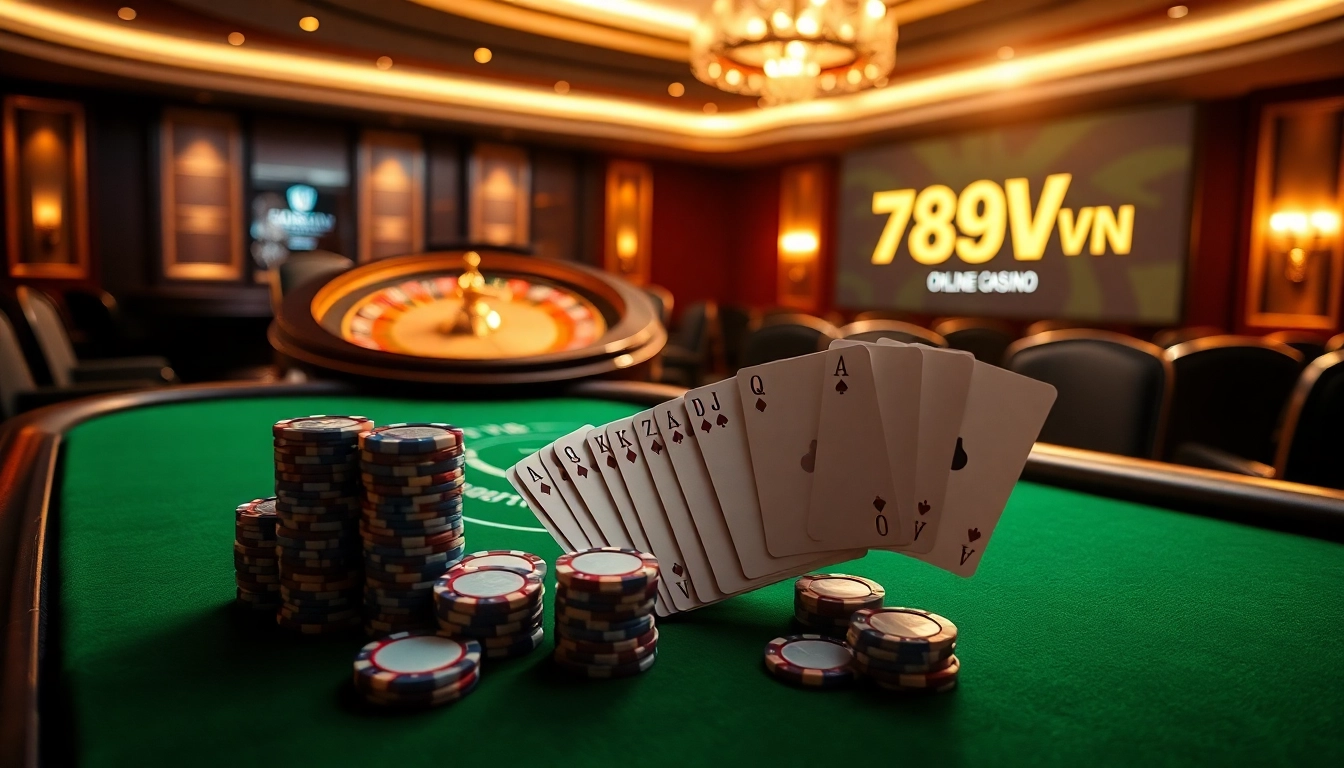 Experience the thrill of 789VN with an engaging poker scene and roulette wheel.