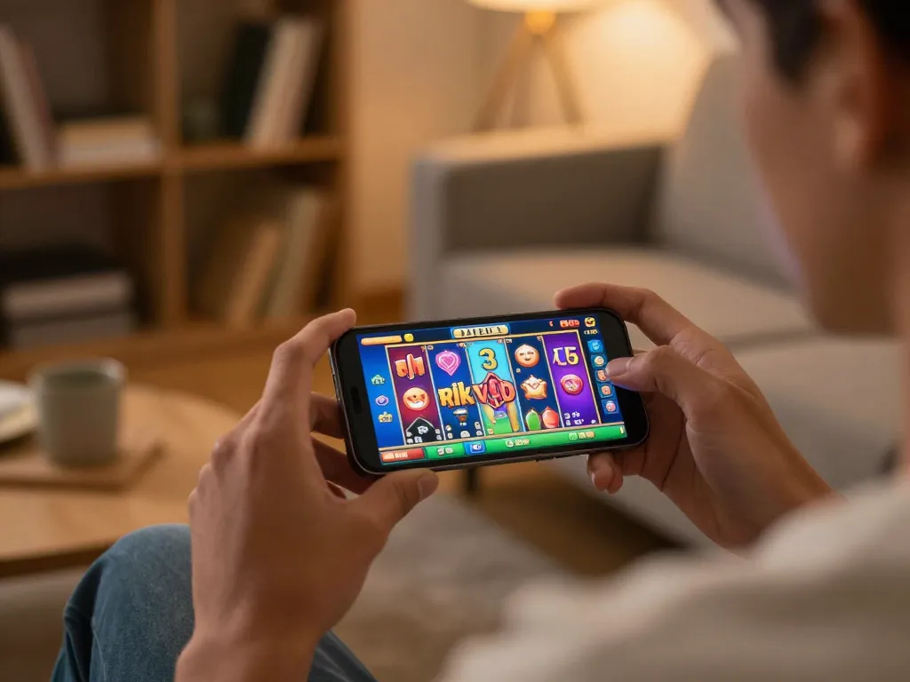 Engaging scene of a player enjoying rikvip’s mobile slot games on a smartphone in a cozy home setting.