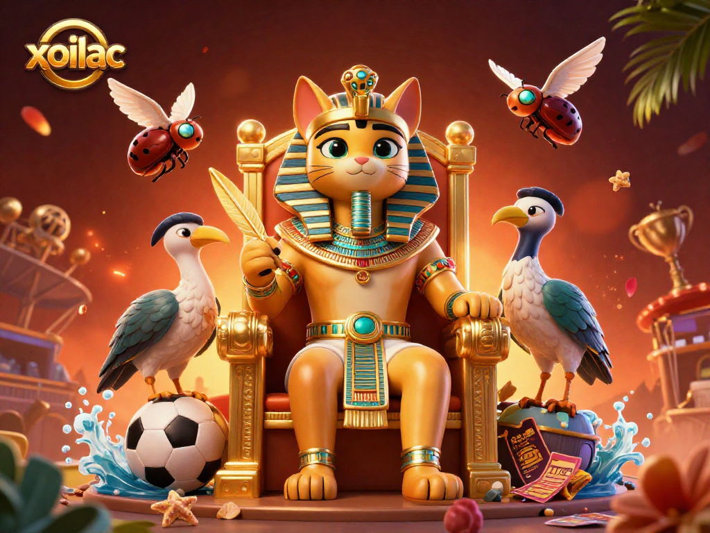 Xoilac brings excitement with a pharaoh cat and sports elements celebrating online gambling action.