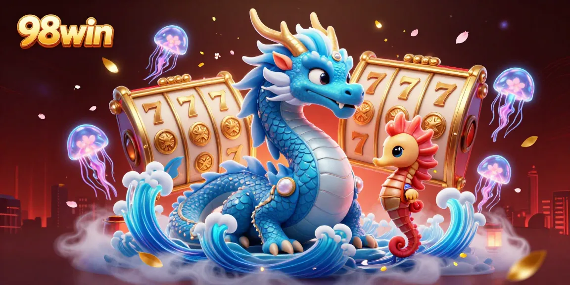 Join the adventure with 98win, where legendary dragon meets thrilling slot games in a vivid casino scene.