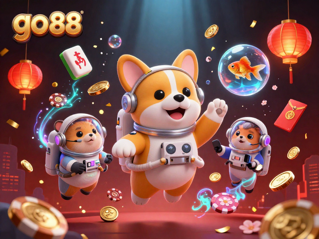 Experience the excitement of go 88 with a 3D illustrated casino featuring floating treasures and characters.