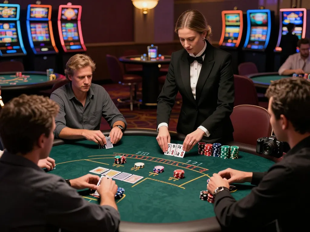MAX88 players strategizing at a blackjack table, high-stakes action in an elegant casino.