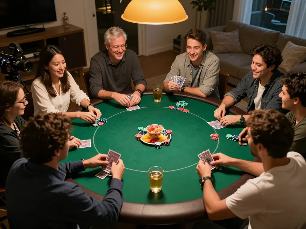 Engaged players strategizing at a poker night with friends while using 98win9 to track their gameplay.