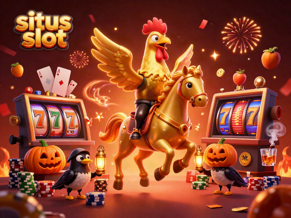 Experience thrilling actions at situs slot with a golden rooster and friends in a vibrant casino.