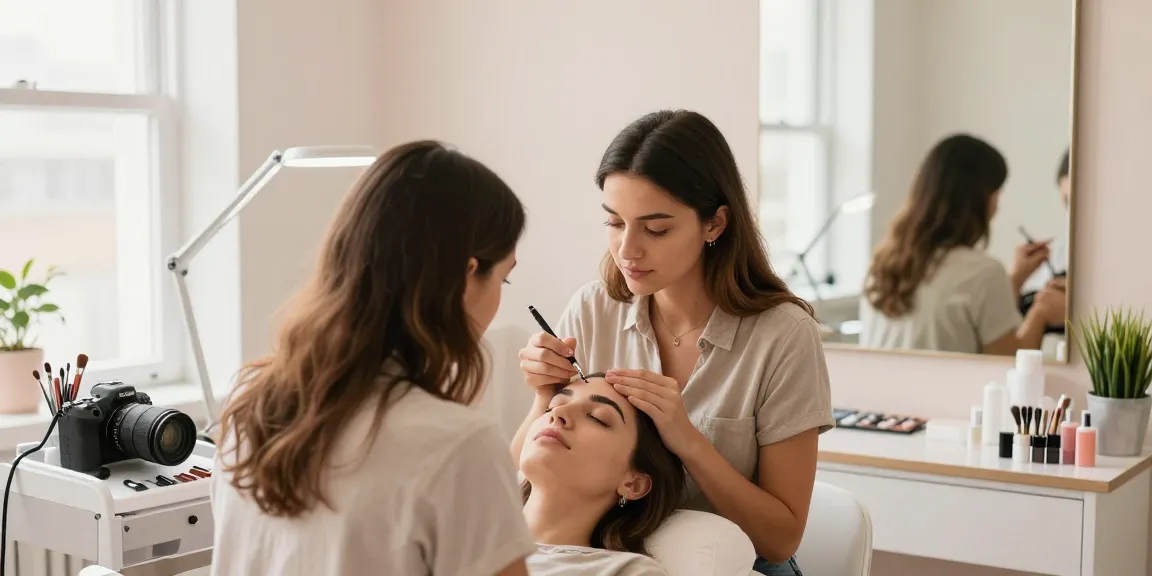 Permanente make-up wenkbrauwen applicatie in een schoonheidssalon, met gereedschappen en een serene sfeer.