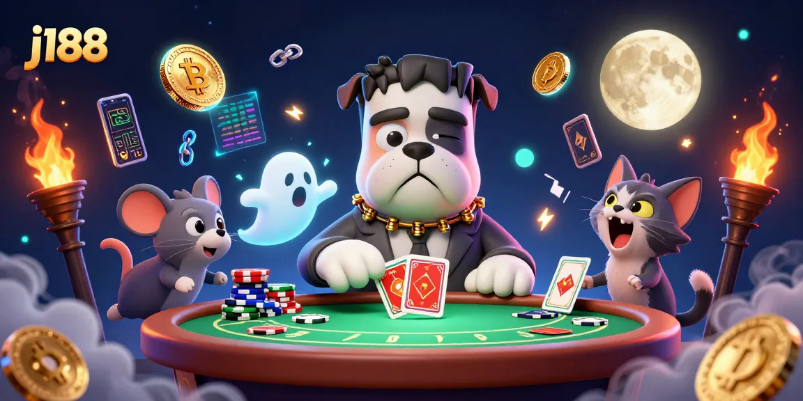 Play poker at j188 with the Frankenstein bulldog and ghost mouse surrounded by crypto coins.