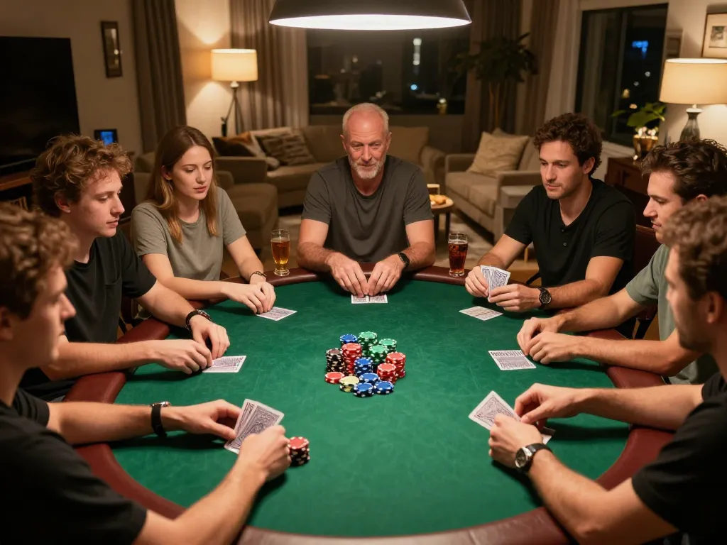 Players enjoying a friendly poker game night at home with Jun88 cards and chips.