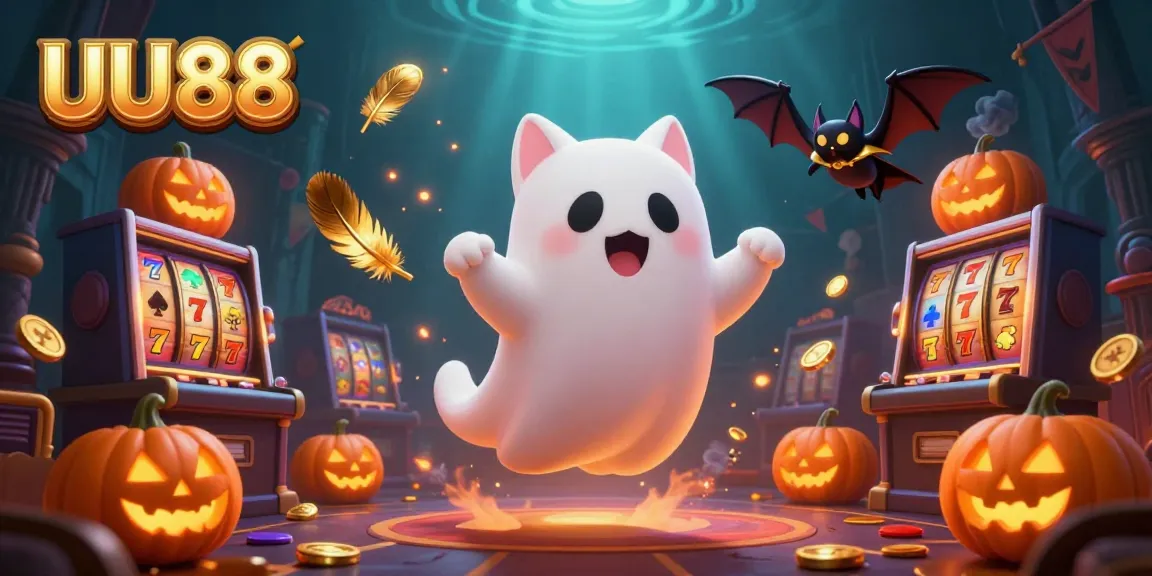 Experience thrilling gameplay at UU88 with a friendly ghost cat and bat amid vibrant casino action.