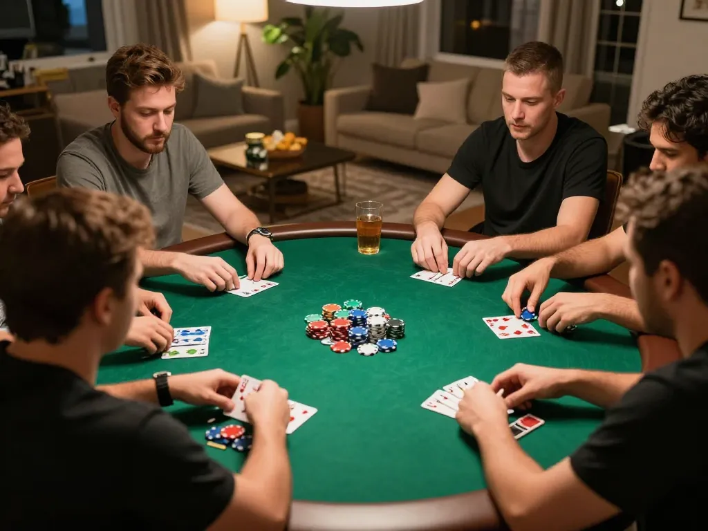 78win players strategizing during an intense poker night with vibrant chips and drinks.
