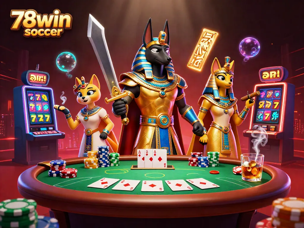 Engage in thrilling gameplay with 78win soccer's vibrant 3D casino scene featuring Anubis and Bastet amidst dynamic gaming elements.