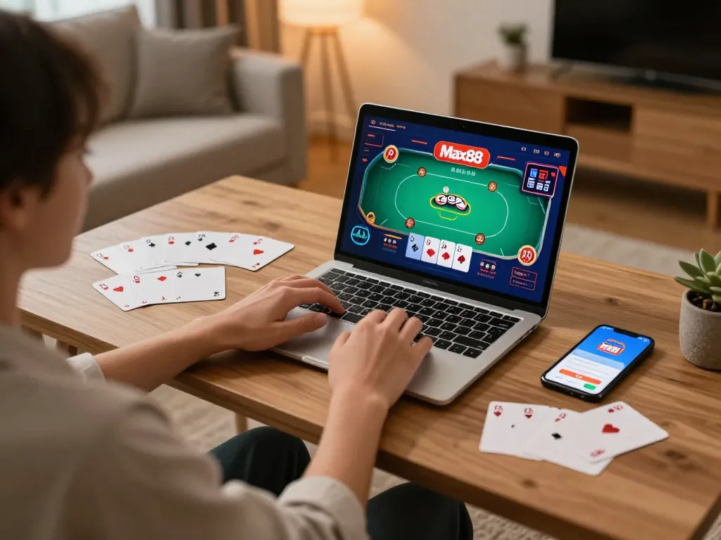 Person engaged in online gambling on Max88, analyzing poker strategies from home.