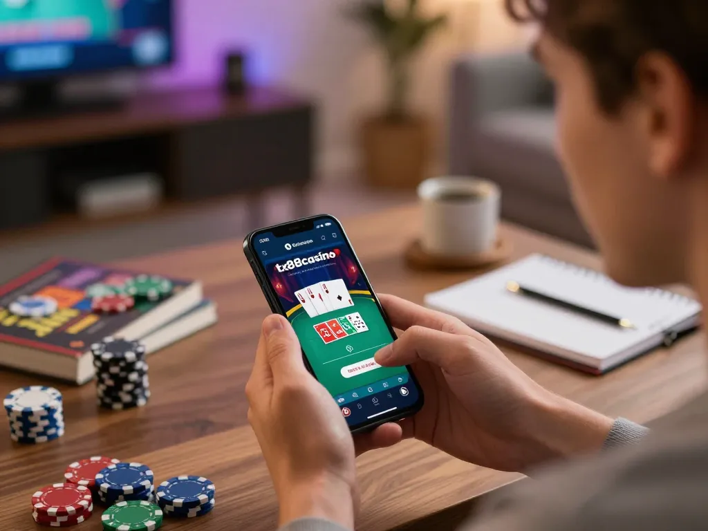 Playing at tx88casino on a smartphone, displaying vibrant poker gameplay in a cozy home atmosphere.