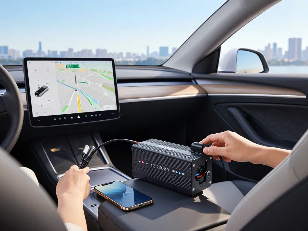 Man die een omvormer gebruikt om apparaten in een auto van stroom te voorzien, waarmee moderne autotechnologie wordt getoond.
