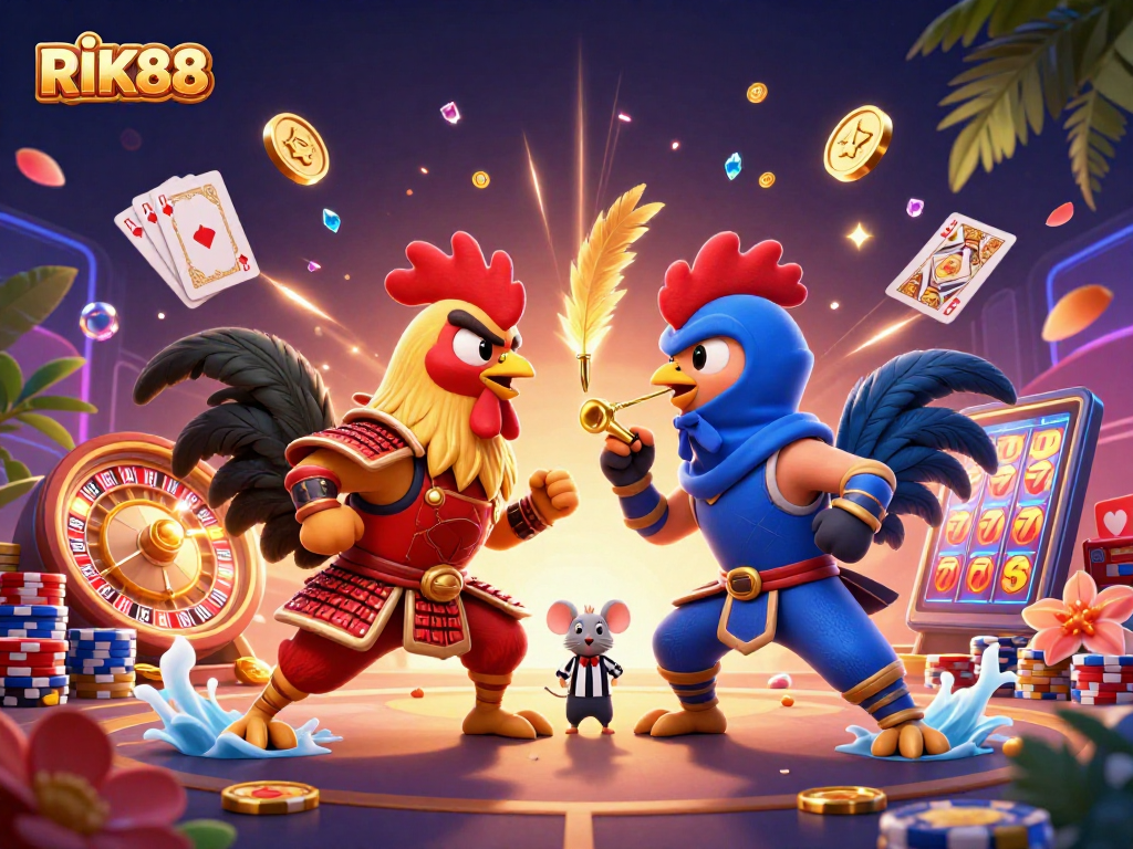 Engage in thrilling bets at RIK88 with exciting 3D fighting roosters and casino elements.