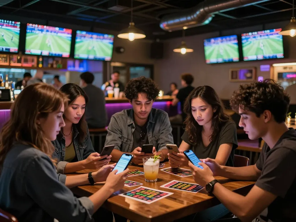 Group of friends enjoying sports betting excitement at the bar, checking odds for keonhacai 88 while celebrating.