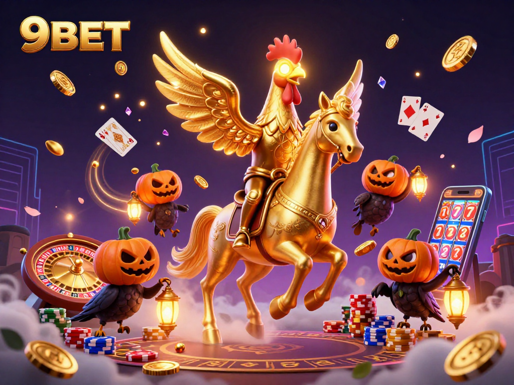 Experience the thrill of winning at 9BET with cascades of golden coins and a dynamic midnight casino atmosphere.