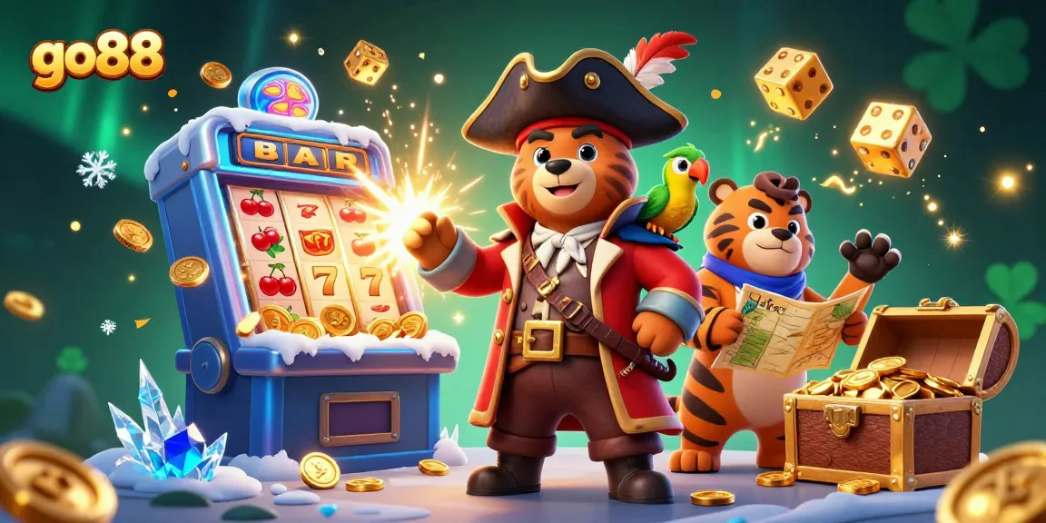 go88 unleashes excitement in a vibrant 3D casino scene with a pirate bear and a treasure map.