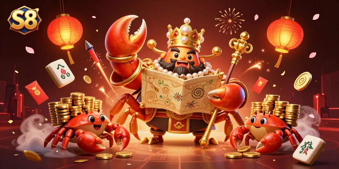 Engage with S8's vibrant casino experience featuring a golden crab emperor and dynamic gaming elements.