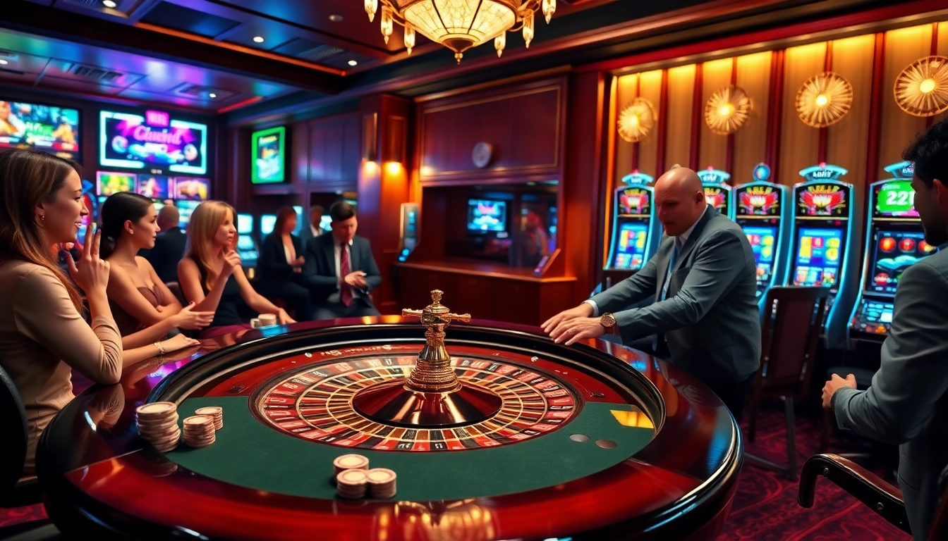 Play at kubetz.dev exciting casino, with roulette table and vibrant slot machines.