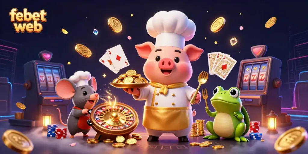 Delight in the febet web experience with vibrant gold coins and engaging casino characters.