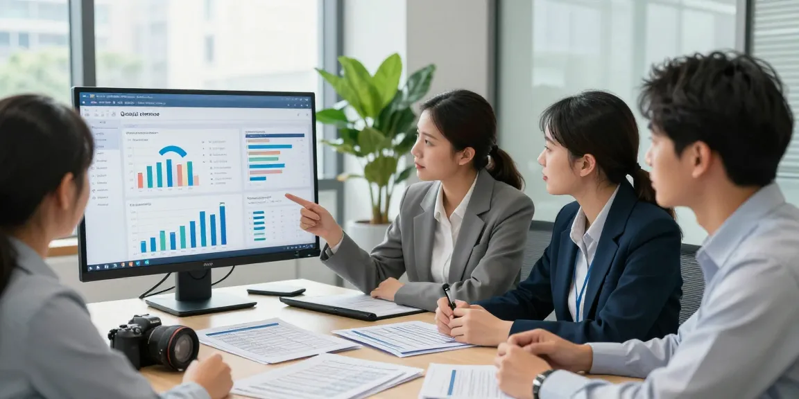 Team analyzing Qualitätsstandards einsehen in a modern office setting while reviewing compliance metrics and data visualization.