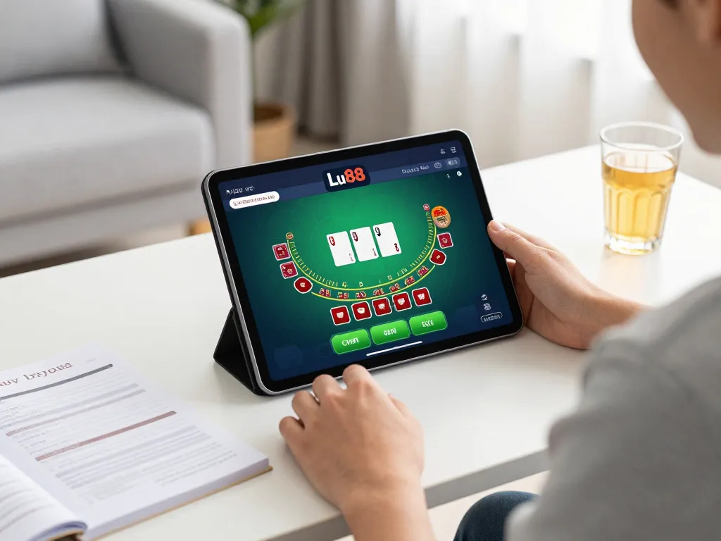Playing blackjack on the App Lu88 in a cozy home office setting with strategy notes visible.