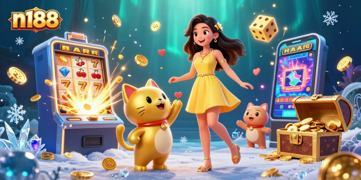 Spin to win at n188 with vibrant 3D casino illustration filled with lucky symbols and golden rewards.