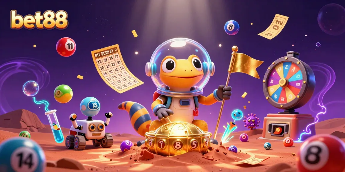 Engage with bet88's thrilling casino adventure featuring a Martian gecko in a vibrant lottery landscape.