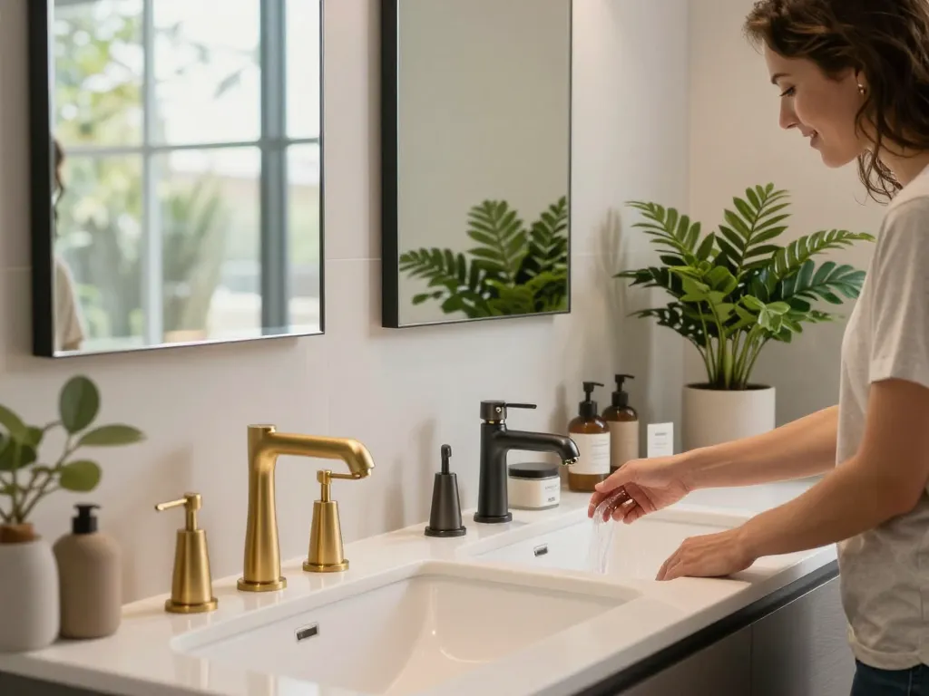 Vixx Badkamers toont stijlvolle Brauer taps in een moderne badkameromgeving met warm, natuurlijk licht.