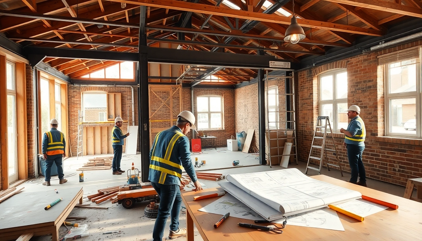 House extension construction process with builders at work, showcasing steel framing and construction elements.