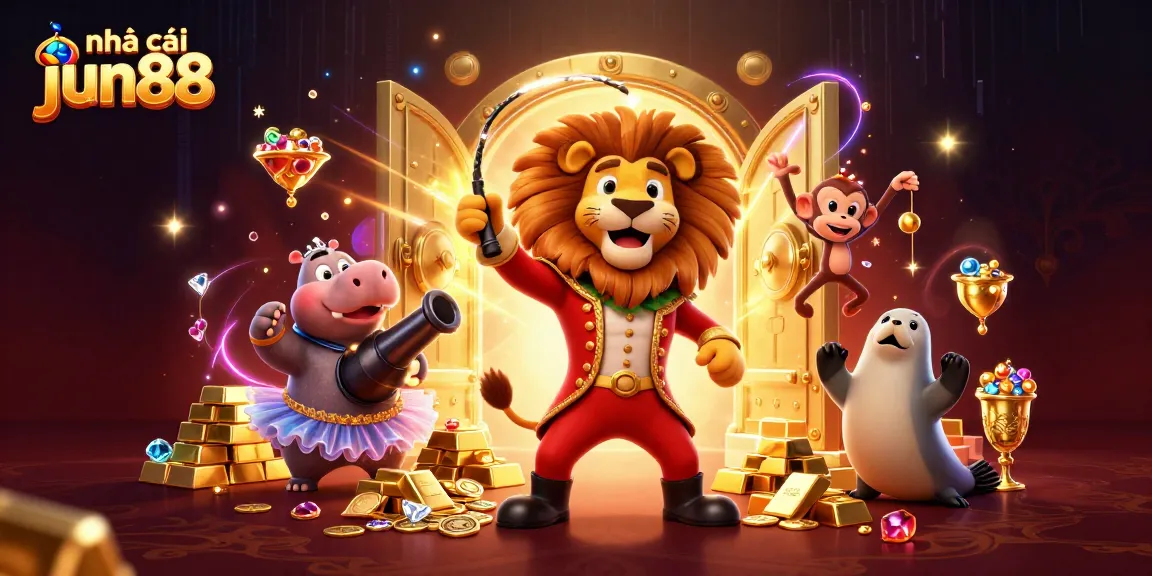 Engage with nhà cái jun88 at a vibrant casino scene featuring delightful 3D characters and sparkling treasures.