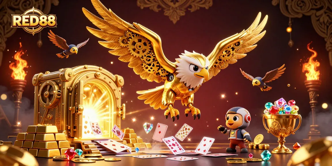 Experience thrilling action with RED88's cybernetic eagle amidst a cascade of cards and treasures.